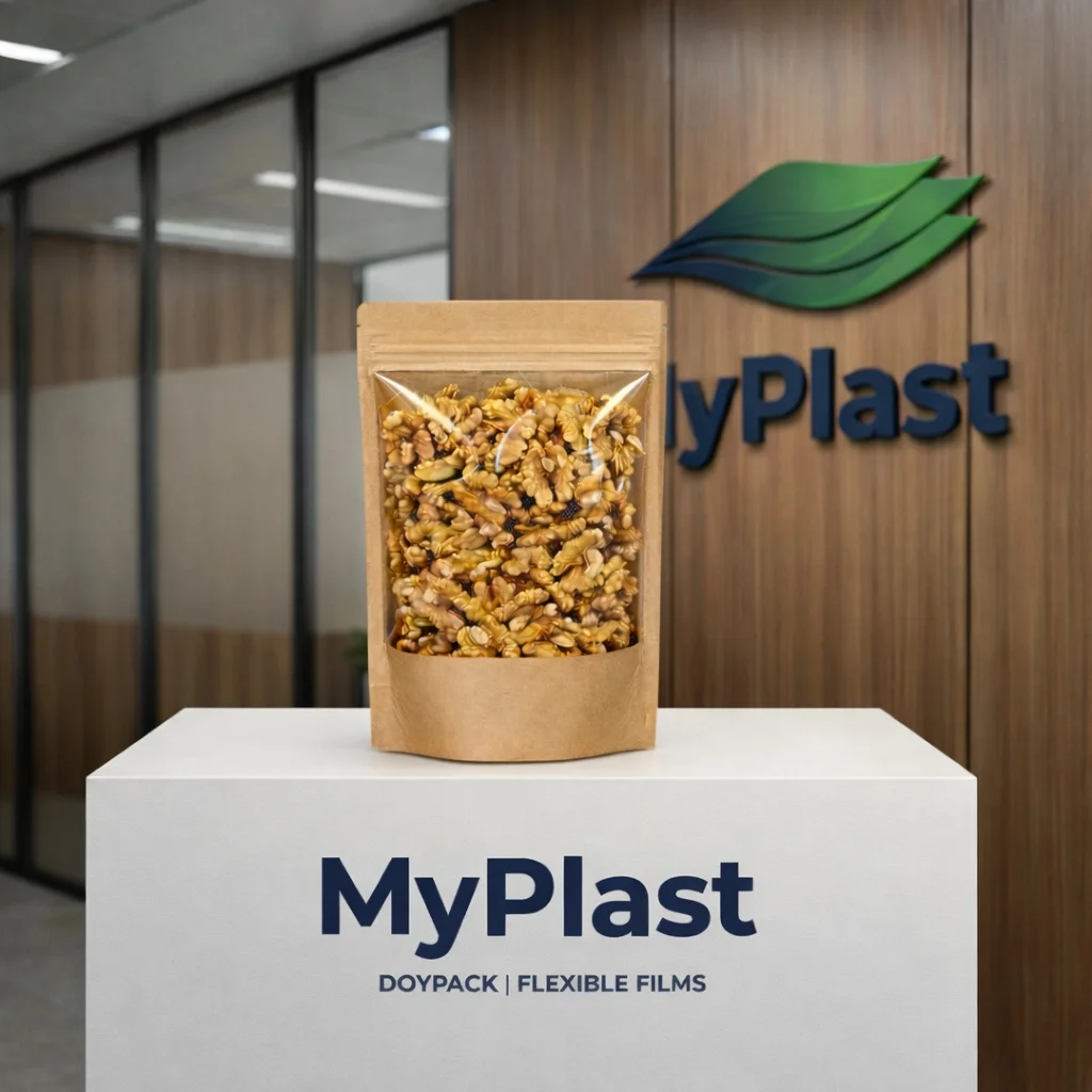 Wide Kraft Window Doypack Kraft - Stock Delivery Wide Kraft Window Doypack - Kraft Kraft + PET + PE packaging, MOQ 500 pcs, fast stock delivery - MyPlast